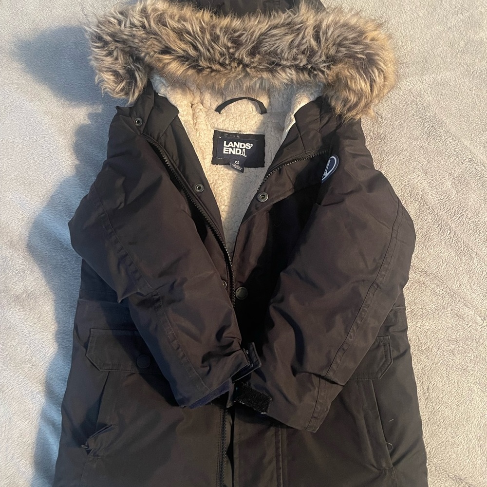Lands’ End Kids Expedition Waterproof Winter Jacket XS Removable Fur Hood